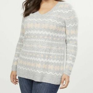 Lane Bryant Gray and Pink Snowflake Fair Isle V-Neck Sweater
